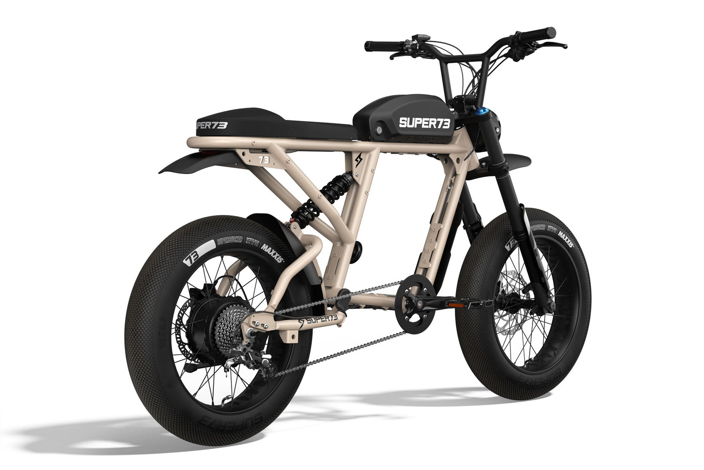 Rear/side view of the SUPER73 R Brooklyn ebike in Dark Earth. @color_dark earth