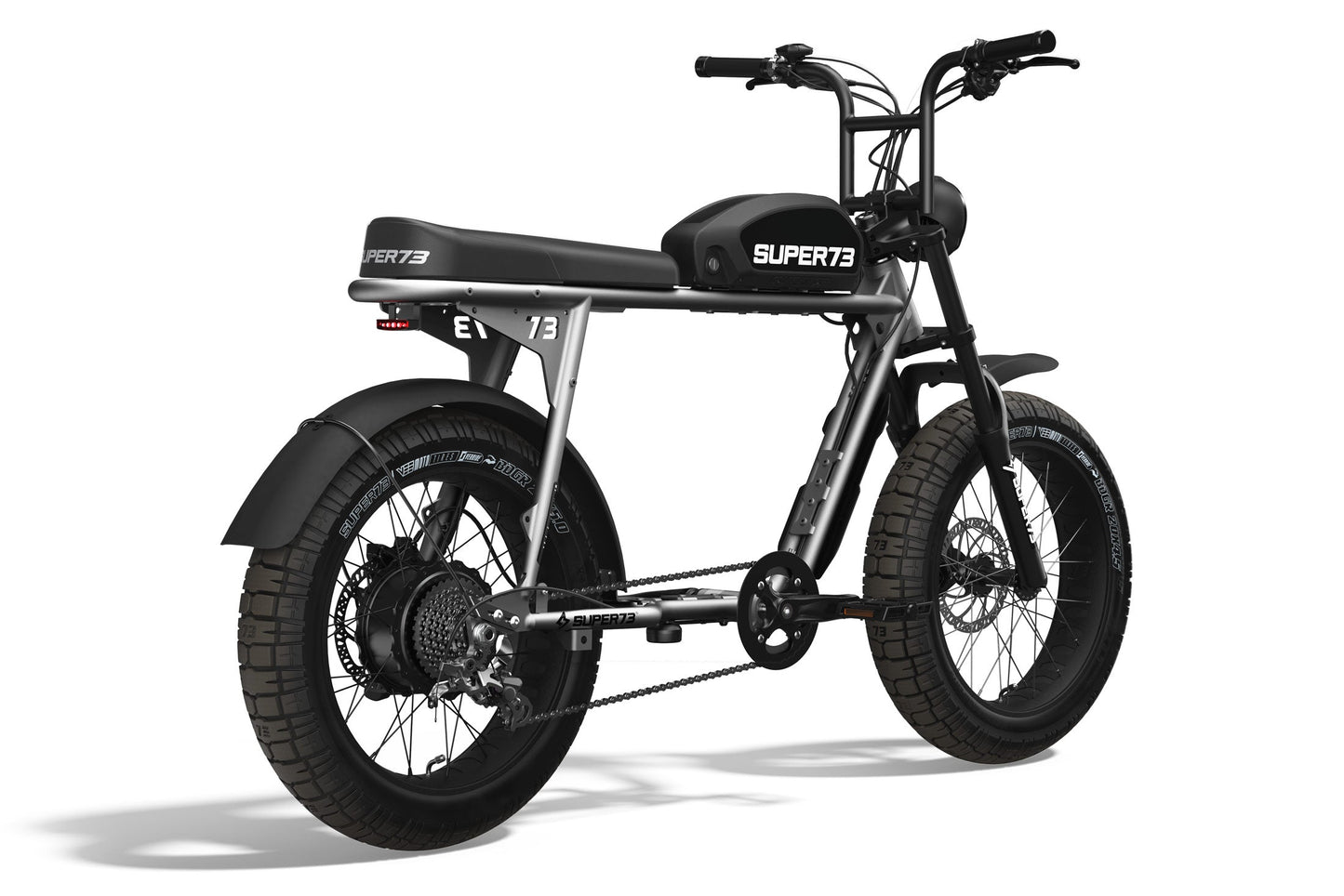 Rear/side shot of the SUPER73-S2 ebike in Metallic Aluminium. @color_metallic aluminium