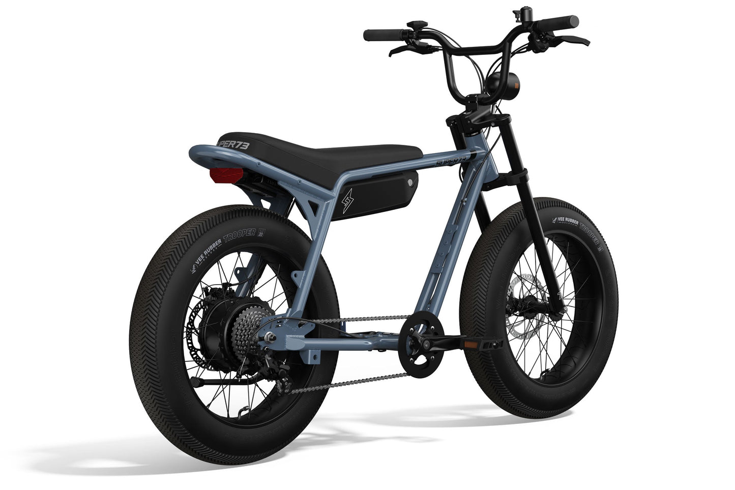 Rear side view of SUPER73-Z Miami ebike in Panthro Blue. @color_panthro blue