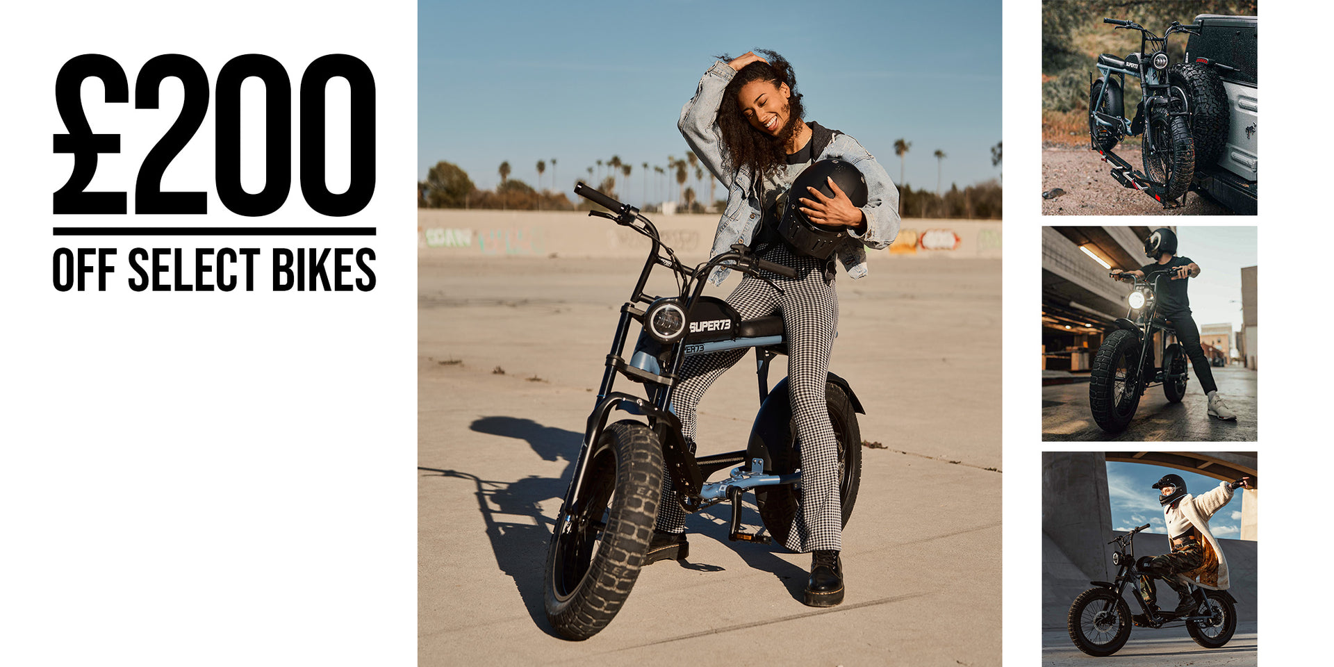 Person riding a super73 panthro blue bike with promotional text for £200 off bike sale on a desert road.