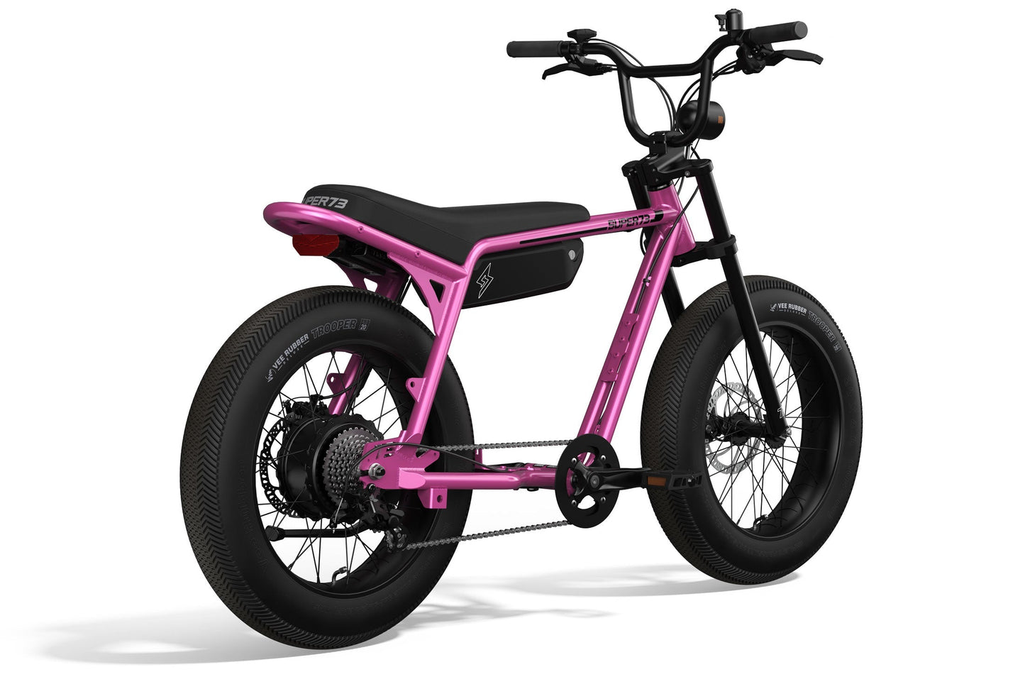 Rear side view of SUPER73-Z Miami ebike in Prickly Pink. @color_prickly pink