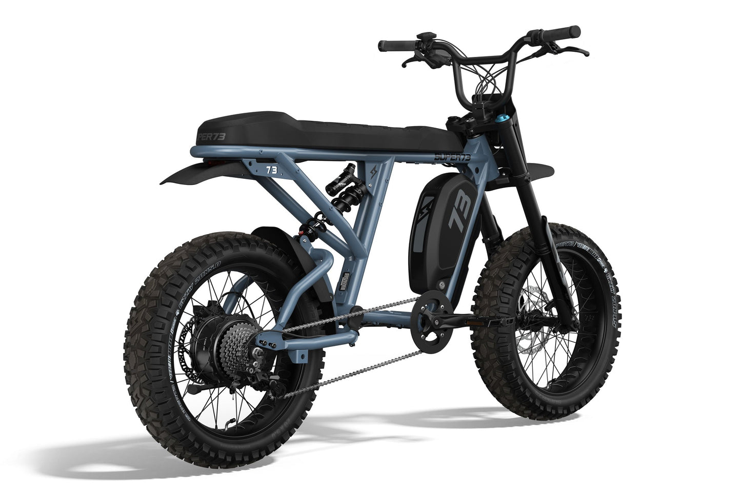 Rear/side view of the SUPER73 R Adventure ebike. @color_panthro blue