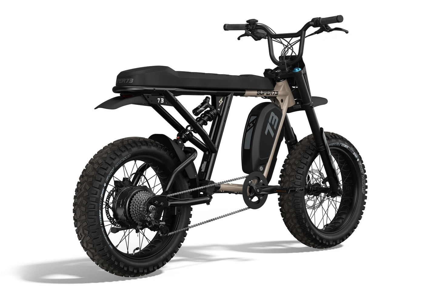 Rear/side view of the SUPER73 R Adventure ebike. @color_sandstorm