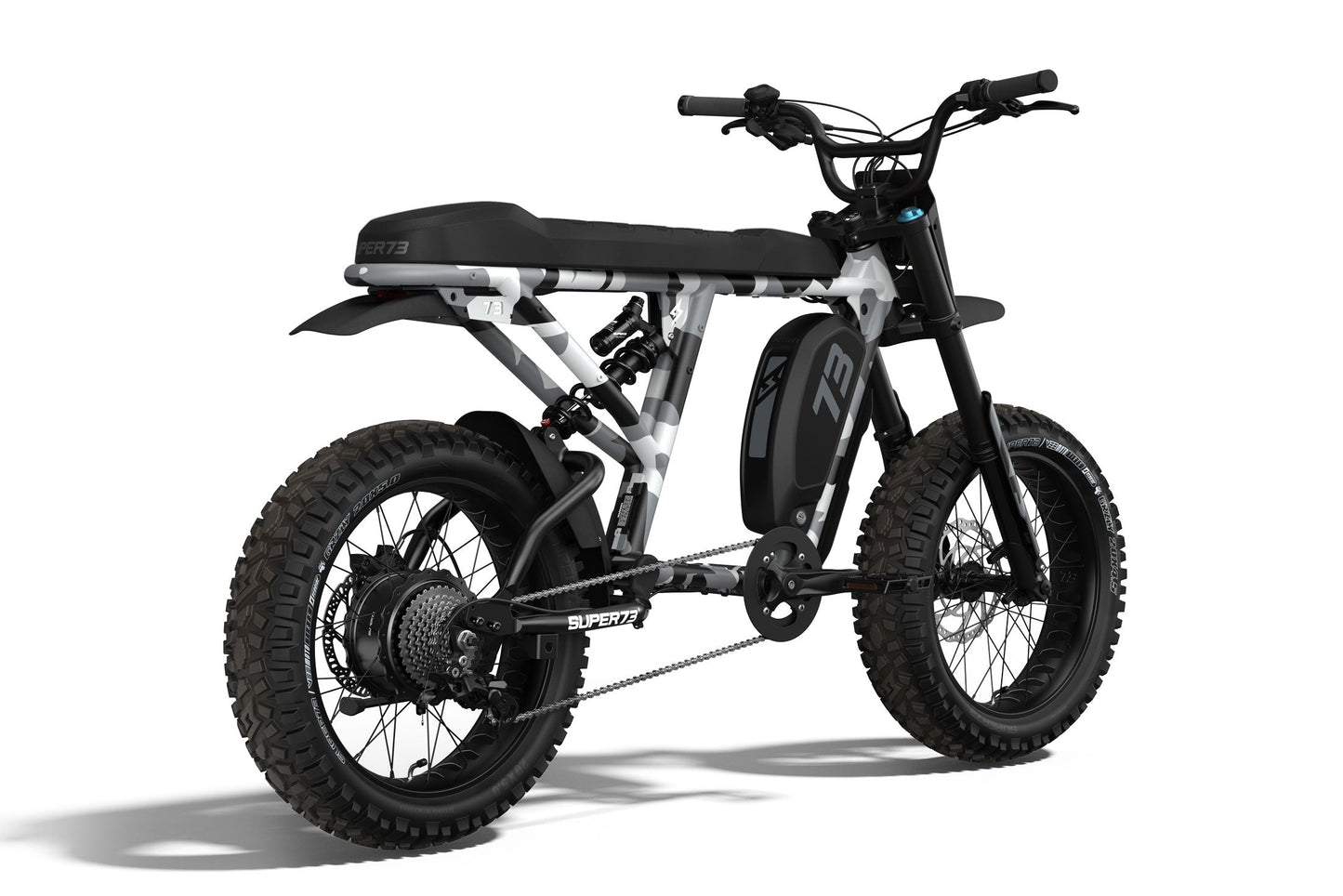 Rear/side view of the SUPER73 R Adventure ebike. @color_snowshadow se